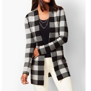 Talbots Buffalo Plaid Gingham Black Gray Pure Merino wool Open Cardigan Size M